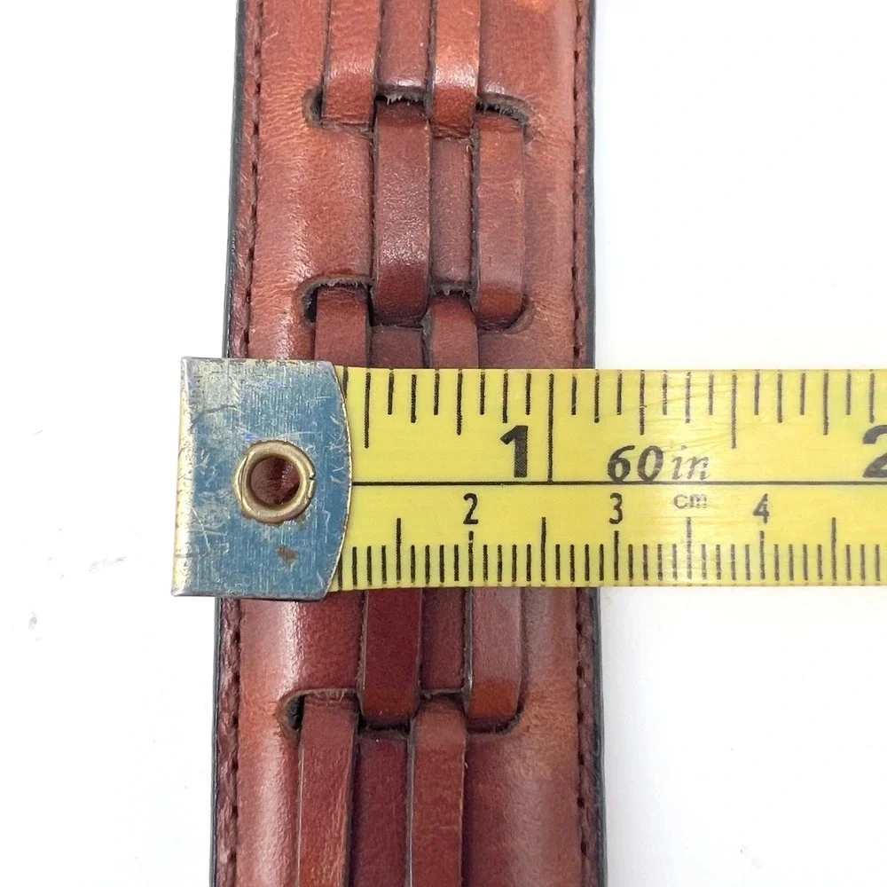 Mens Vintage Leather Belt Brown Oil Tan Cowhide Woven Inlay Solid Brass 40